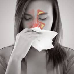 Woman with a sinus infection blows her nose; an illustration of the infected sinus cavities is superimposed over her face.