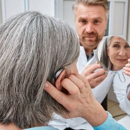 Audiology patient tries on her new hearing aids at the audiologist's office. Her doctor holds up a mirror so she can see her new hearing aid.