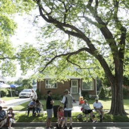 Homes near Sugar House in Salt Lake City, Utah, taking part in the annual Heart & Soul Music Stroll 2018 during which home owners make their lawns available to performing artists. Local bands share the healing power of music, bringing their talents to the streets of the greater Salt Lake community, playing from neighborhood porches and yards for the benefit of those who cannot attend concerts, as the focus is on mobility and accessibility.