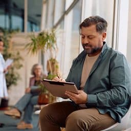Mature man writing his data in medical documents in waiting room at doctor's office.